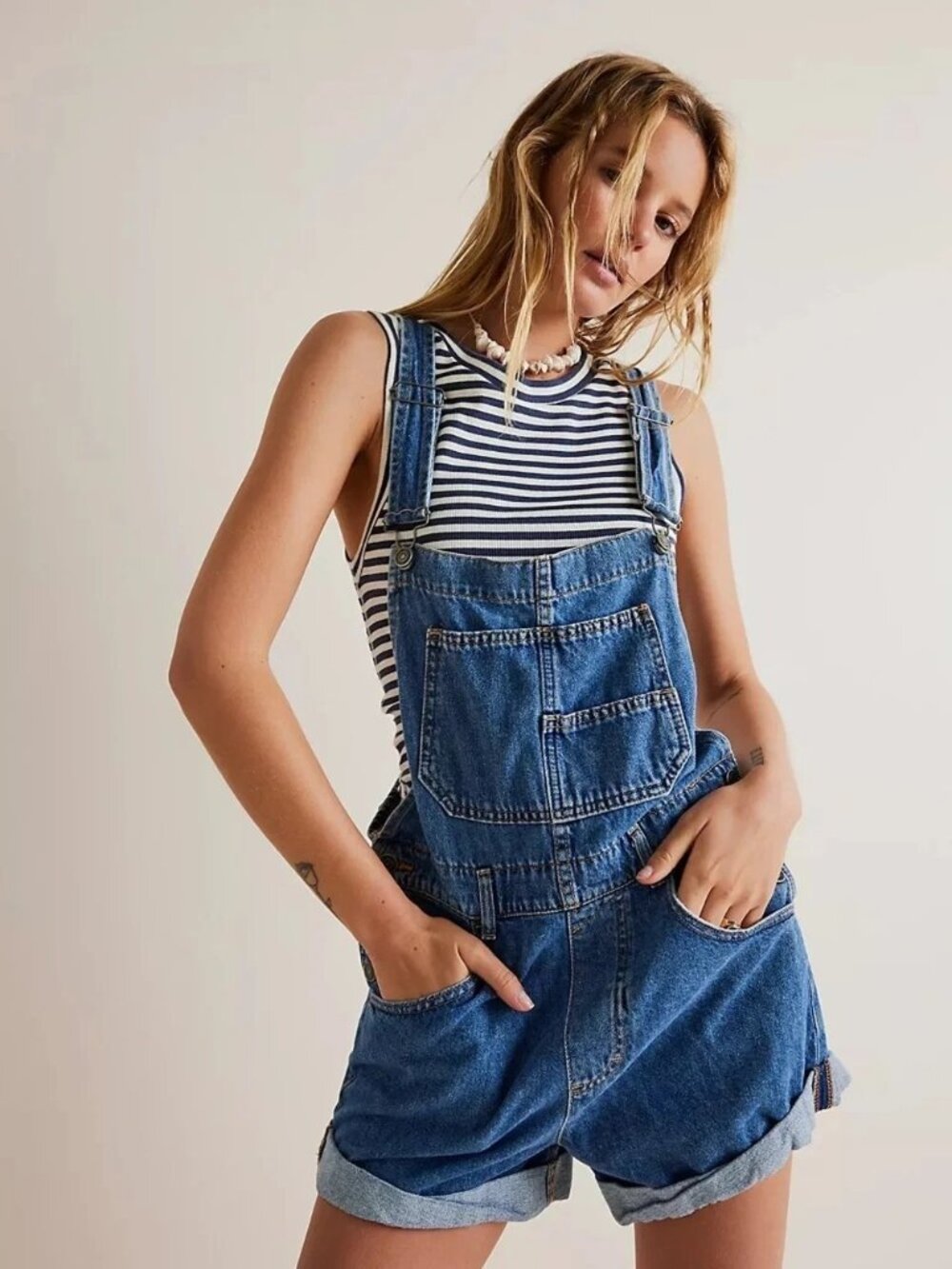 Free People We The Free Ziggy Denim Bib Overall Shortalls Blue Size M